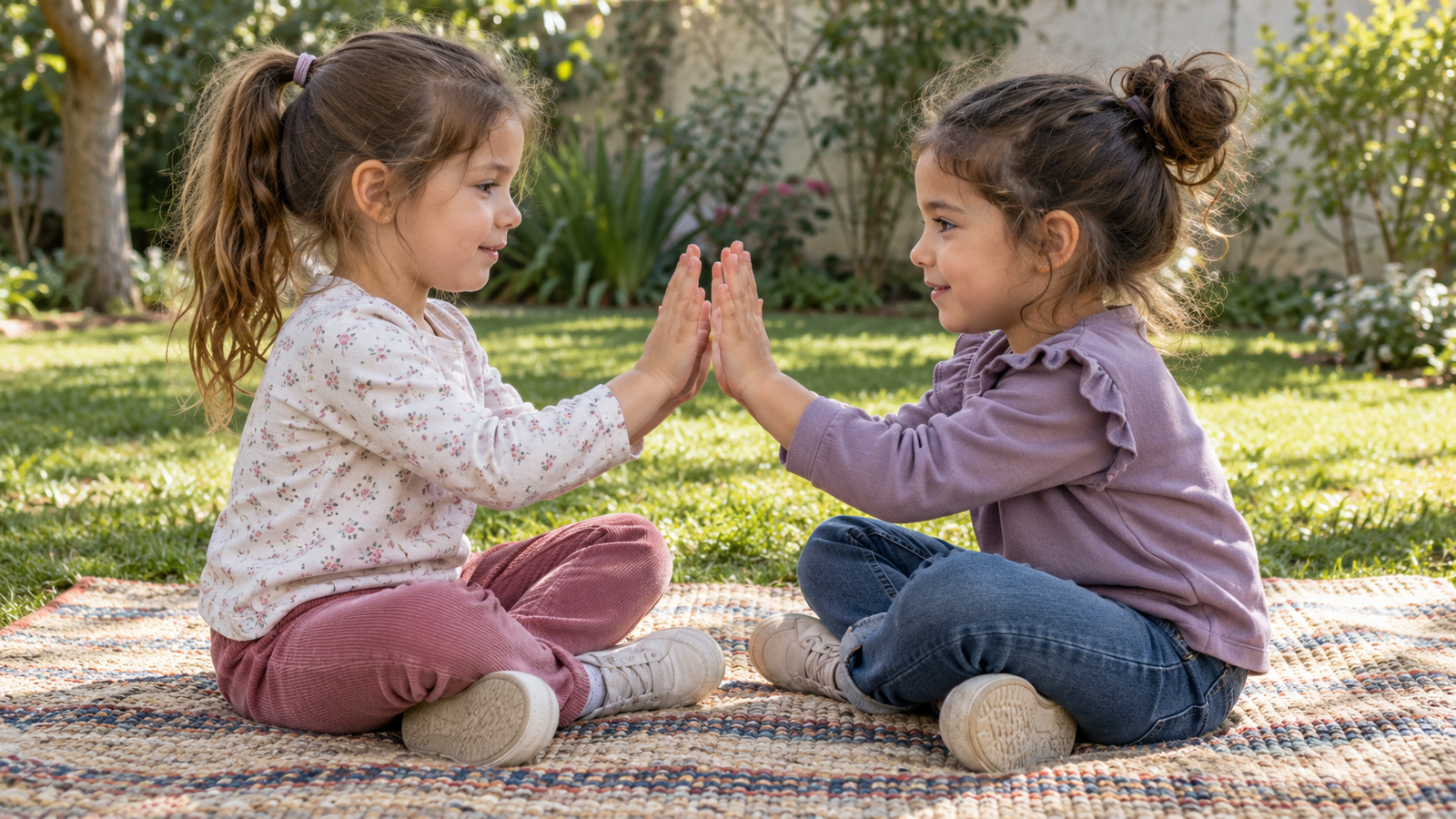 Dos niñas coordinan suavemente un encuentro de palmas en una sala del jardín.