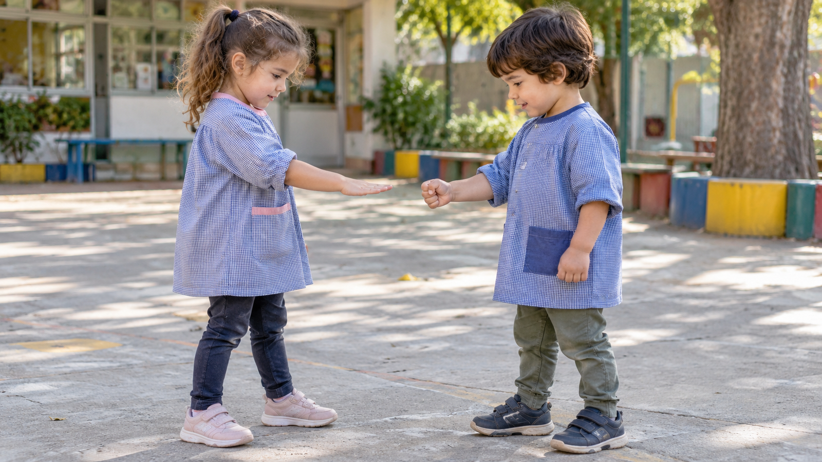 Dos niños muestran papel y piedra simultáneamente durante una ronda de juego.
