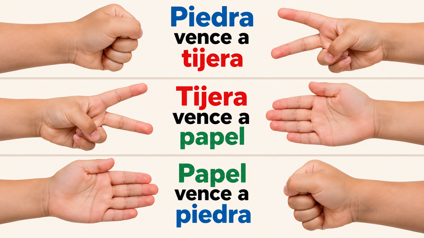 Ningún gesto gana siempre: cada uno vence a otro y pierde frente a un tercero.