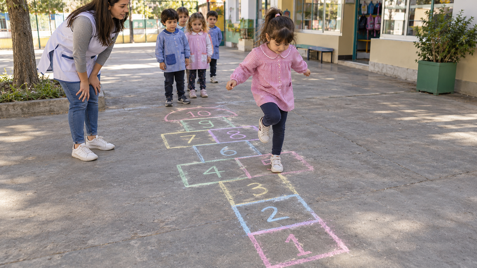 Niña jugando a la rayuela en un patio del jardín, con compañeros que esperan fuera del recorrido.