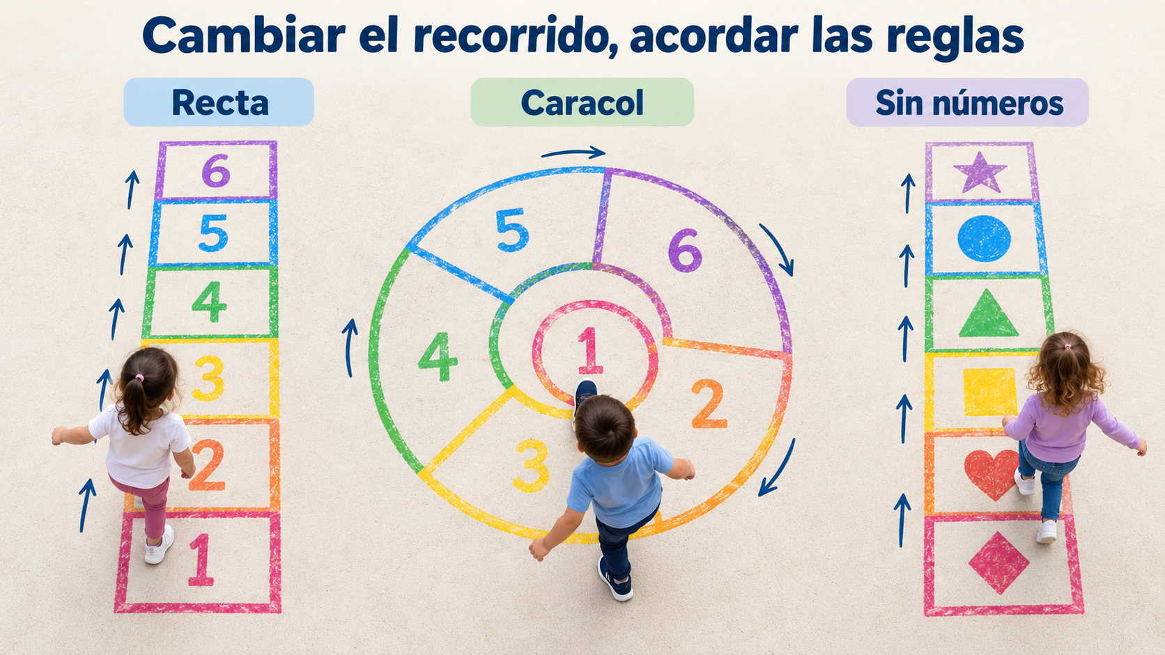Tres diseños para comparar; la espiral es un esquema y debe ampliarse antes de trasladarse al patio.
