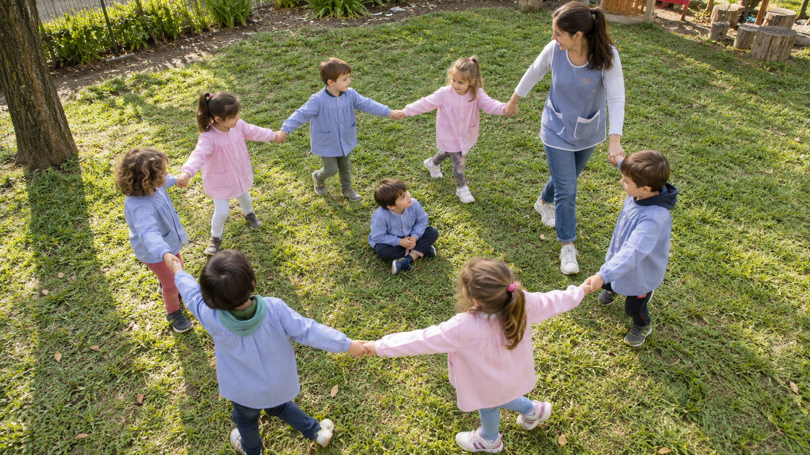 Docente y niños comparten una ronda amplia en el patio del jardín.