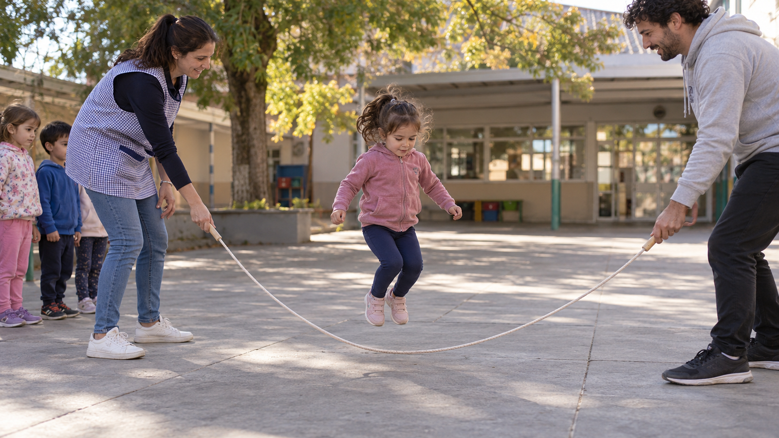 Niña realizando un salto bajo con soga sostenida por adultos en un patio despejado.