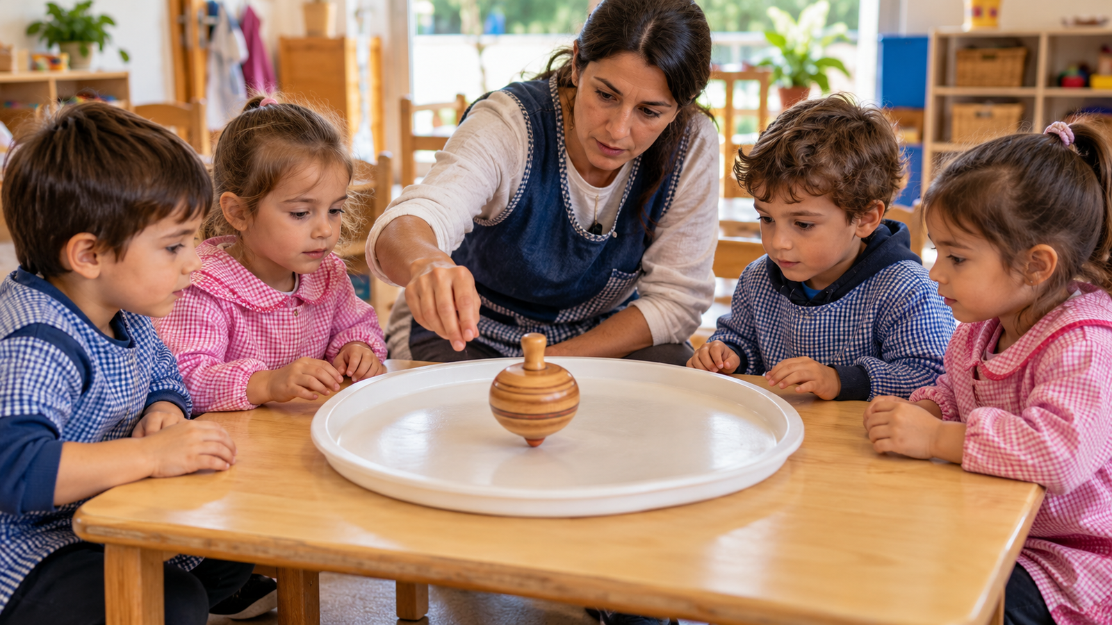 Niños observan una peonza de punta redondeada girando en una bandeja amplia.