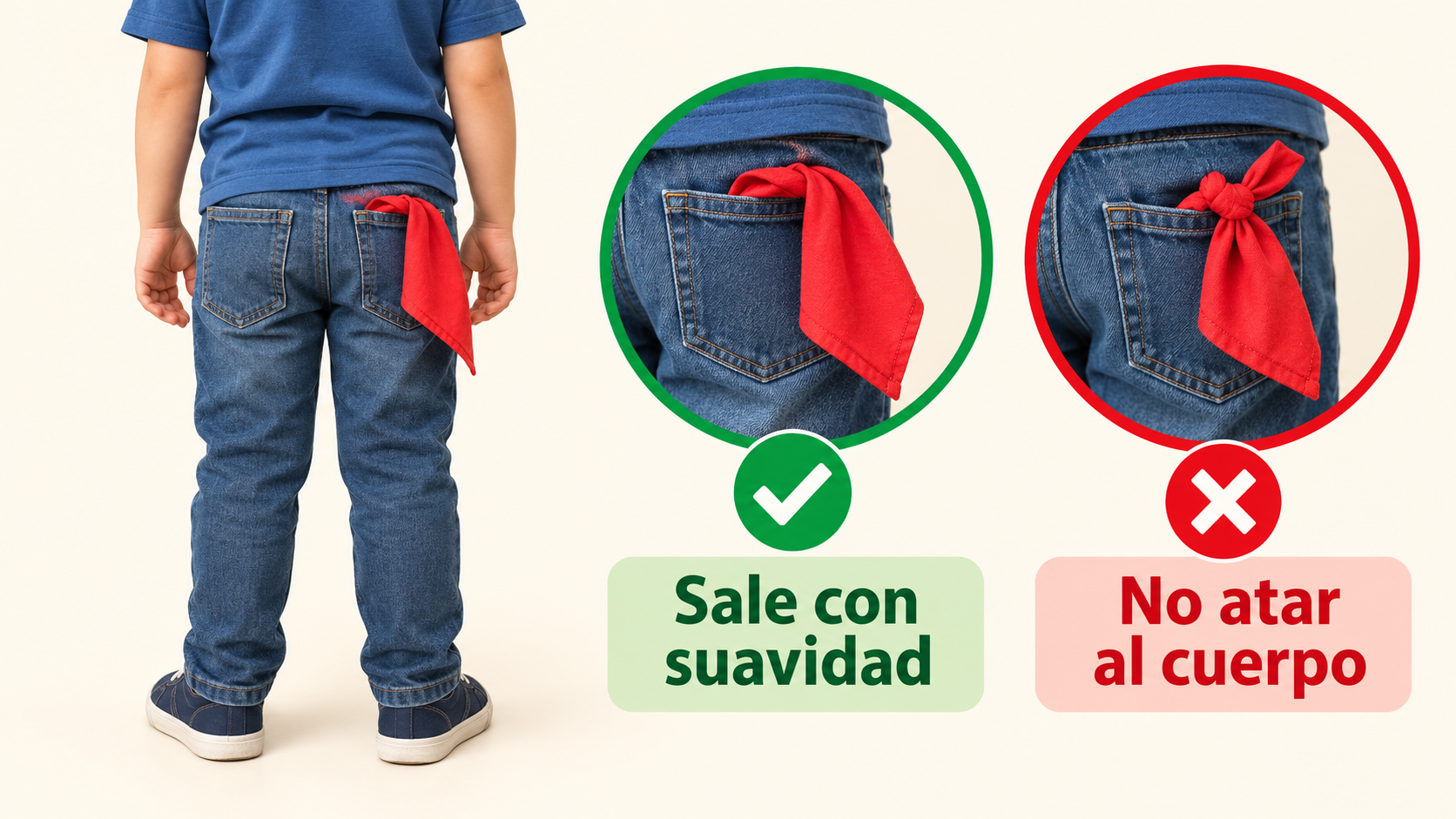 El pañuelo queda suelto para que salga con suavidad; nunca se anuda al cuerpo.