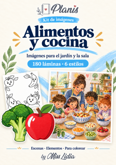 Portada del kit Alimentos y cocina, con una selección de sus escenas y elementos.