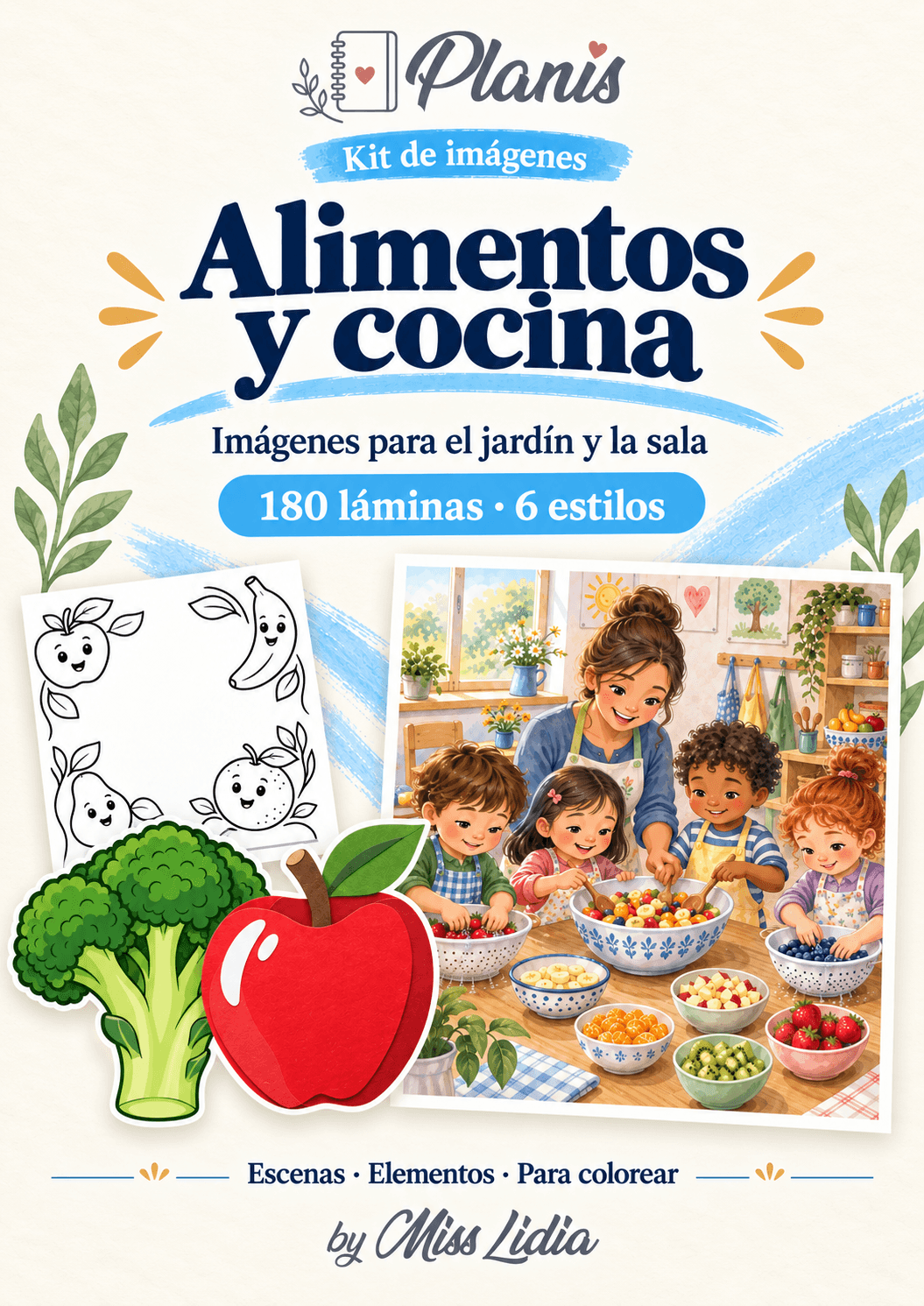 Portada del kit Alimentos y cocina, con una selección de sus escenas y elementos.