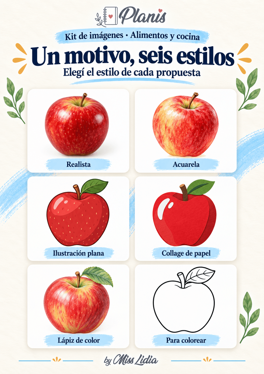 Un motivo, seis estilos: Alimentos y cocina Comparación de un motivo en los seis estilos del kit de Alimentos y cocina.
