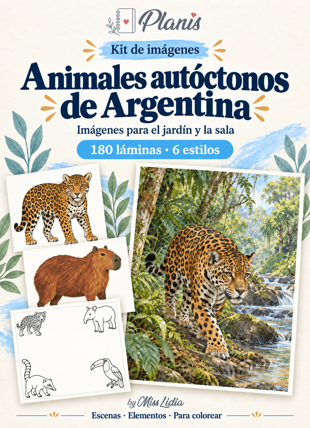 Portada del kit Animales autóctonos de Argentina, con una selección de sus escenas y elementos.