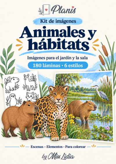 Portada del kit Animales y hábitats, con una selección de sus escenas y elementos.