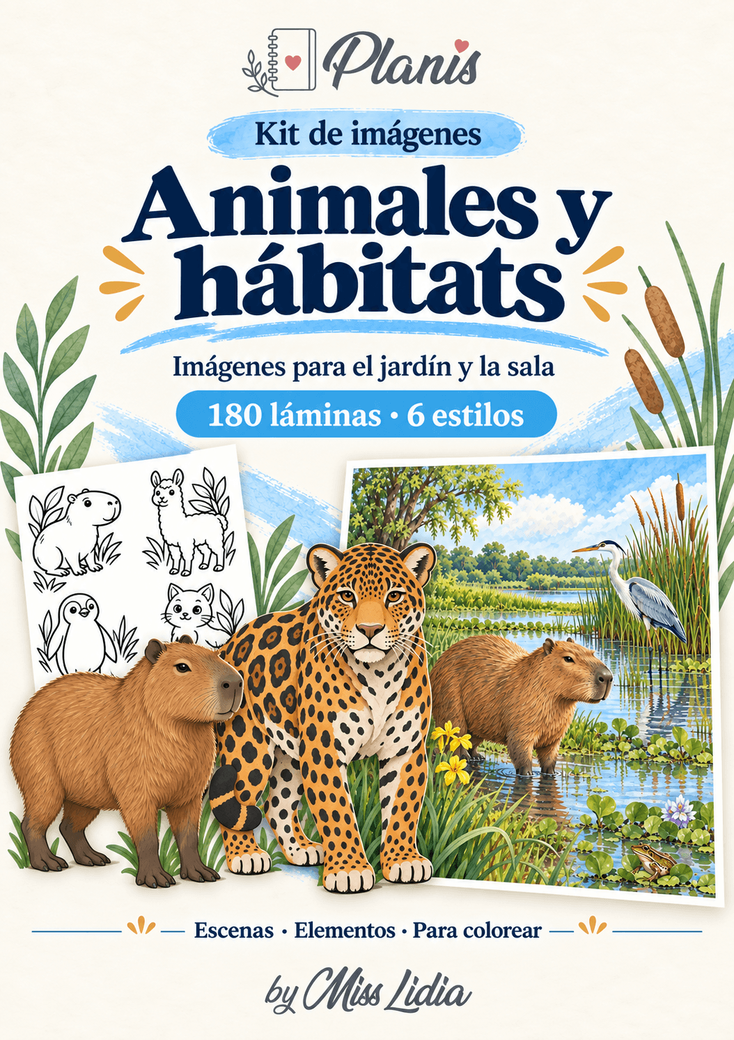Portada del kit Animales y hábitats, con una selección de sus escenas y elementos.
