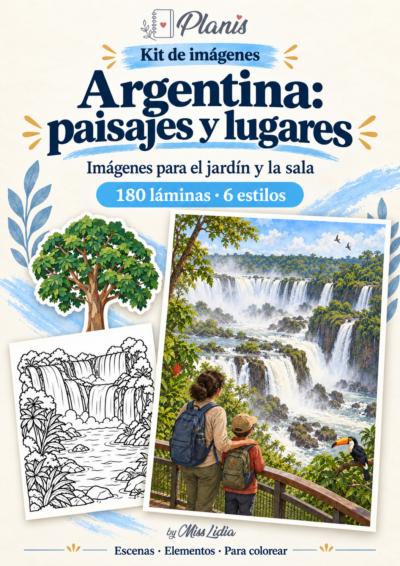 Portada del kit Argentina, paisajes y lugares, con escenas y elementos de la colección.