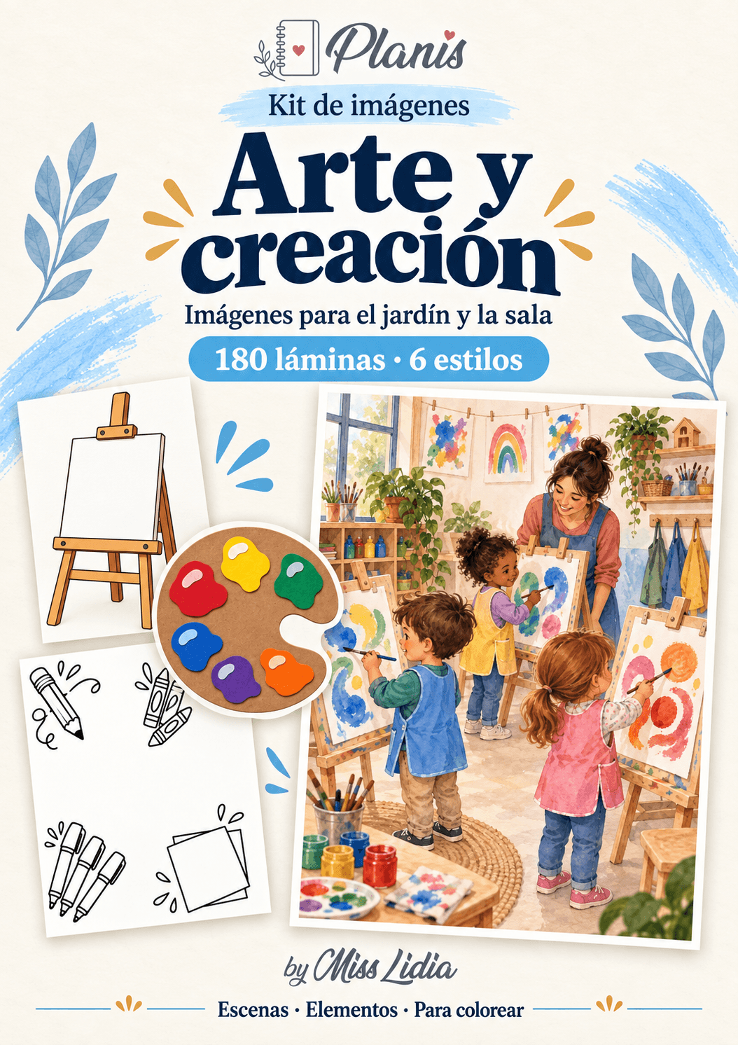 Portada del kit Arte y creación, con una selección de sus escenas y elementos.