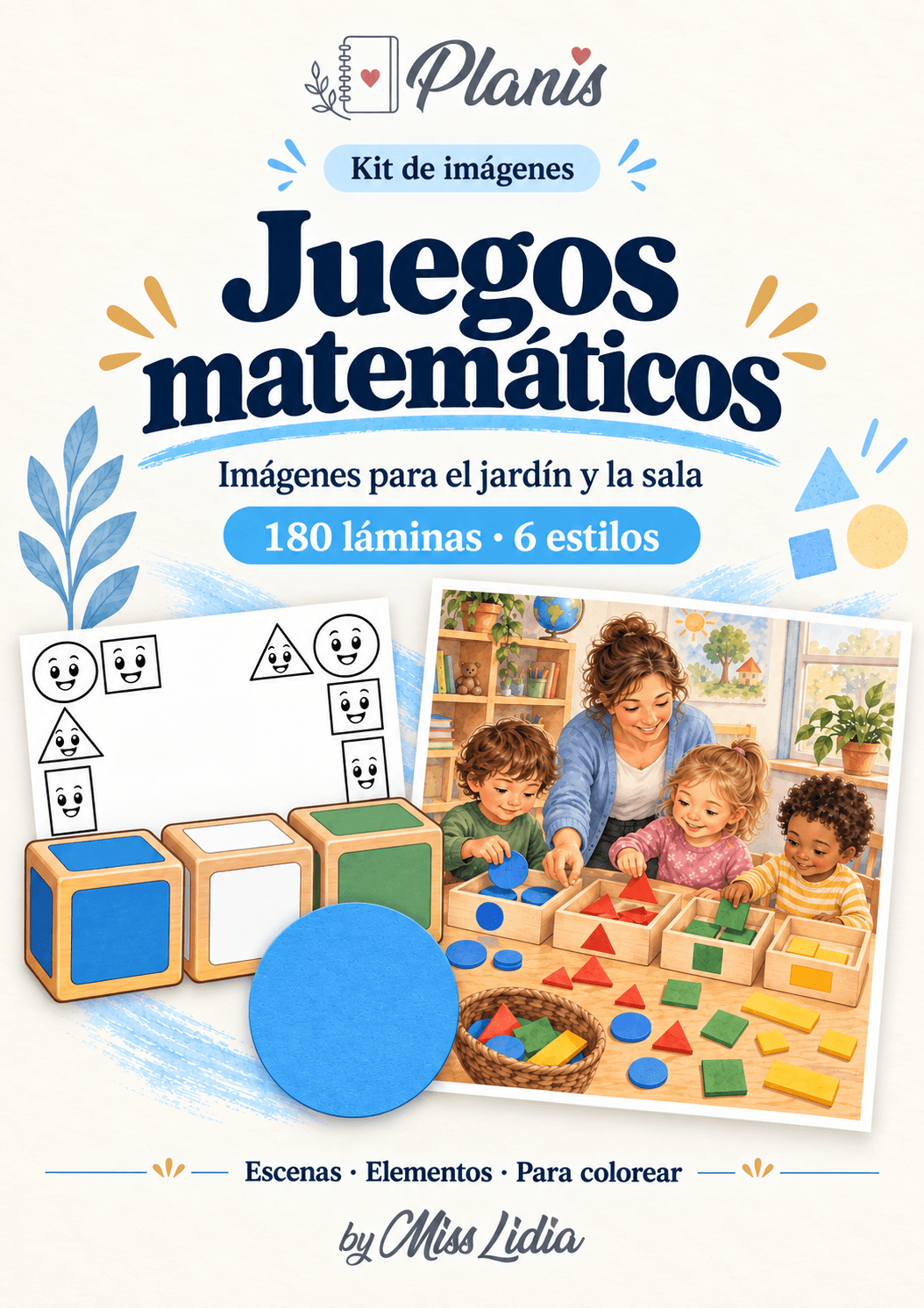 Portada del kit Cantidades, formas y juegos matemáticos, con una selección de sus escenas y elementos.
