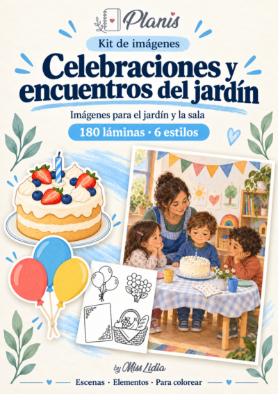 Portada del kit Celebraciones y encuentros del jardín, con escenas y elementos de la colección.