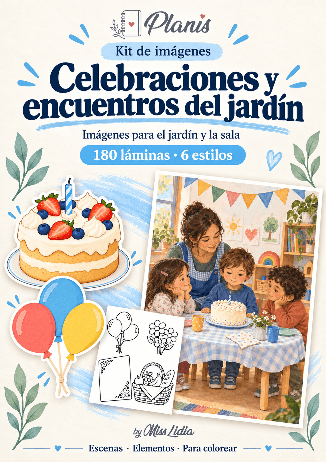 Portada del kit Celebraciones y encuentros del jardín, con escenas y elementos de la colección.