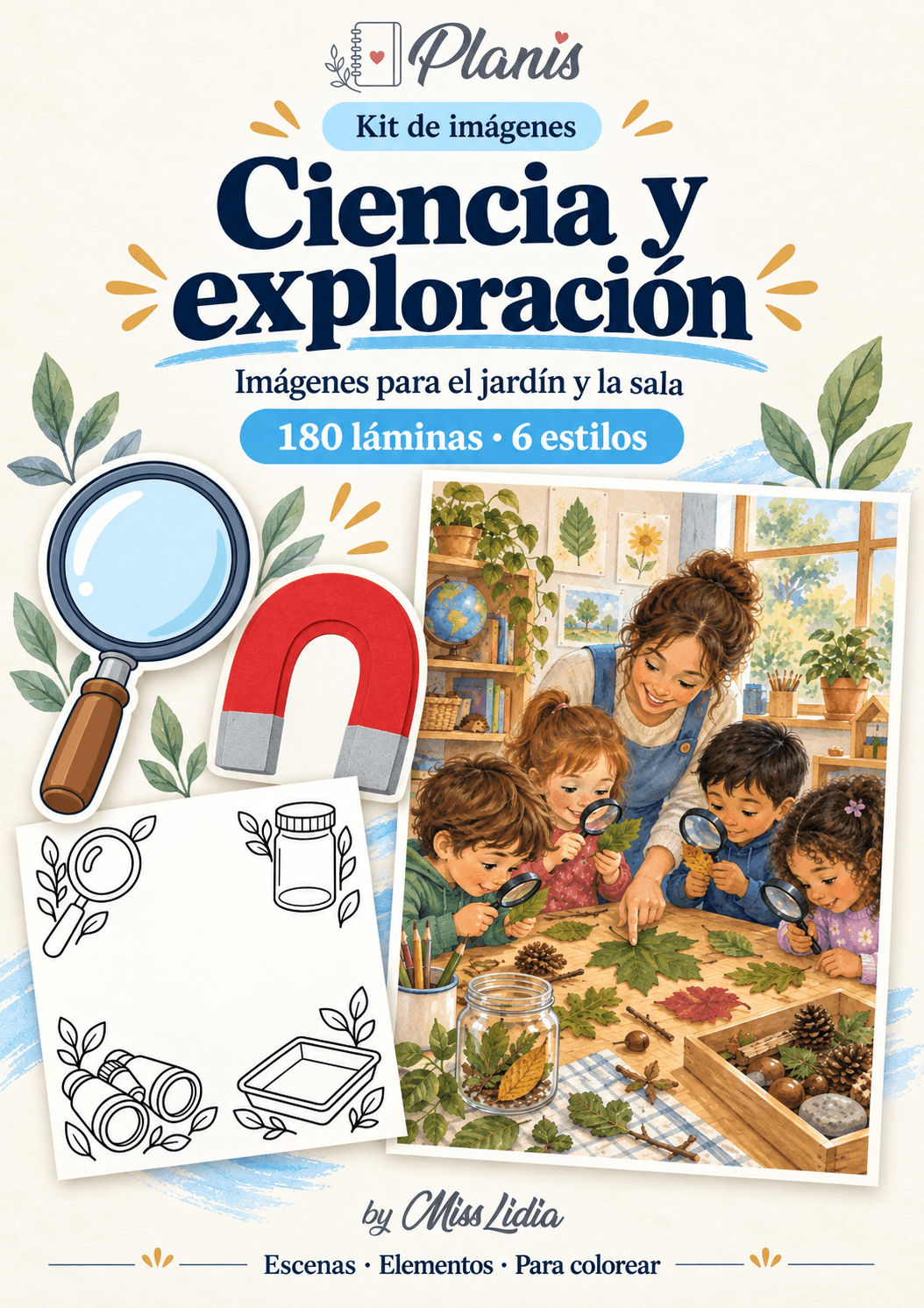 Portada del kit Ciencia y exploración, con una selección de sus escenas y elementos.