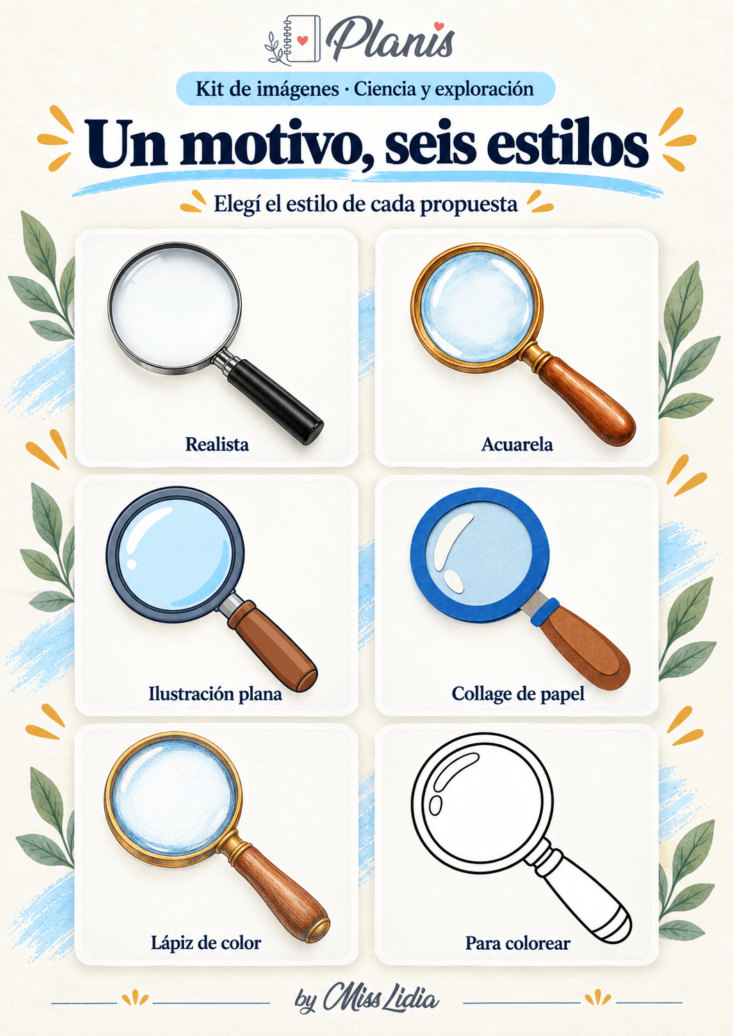 Un motivo, seis estilos: Ciencia y exploración Comparación de un motivo en los seis estilos del kit de Ciencia y exploración.