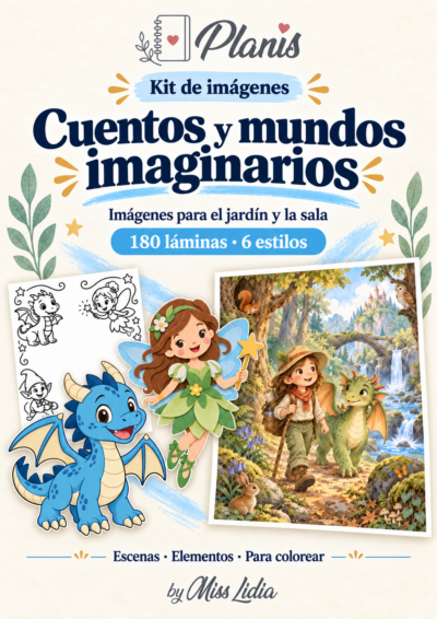 Portada del kit Cuentos y mundos imaginarios, con una selección de sus escenas y elementos.