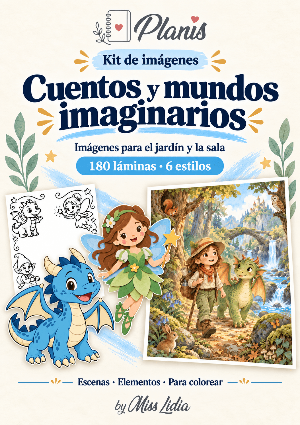 Portada del kit Cuentos y mundos imaginarios, con una selección de sus escenas y elementos.
