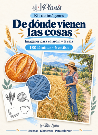 Portada del kit De dónde vienen las cosas, con escenas y elementos de la colección.