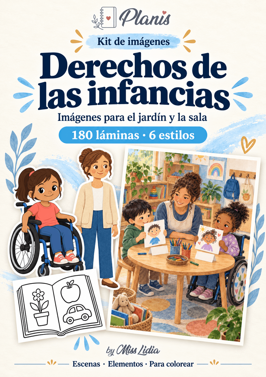 Portada del kit Derechos de las infancias, con escenas y elementos de la colección.
