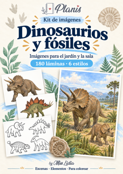 Portada del kit Dinosaurios y fósiles, con escenas y elementos de la colección.