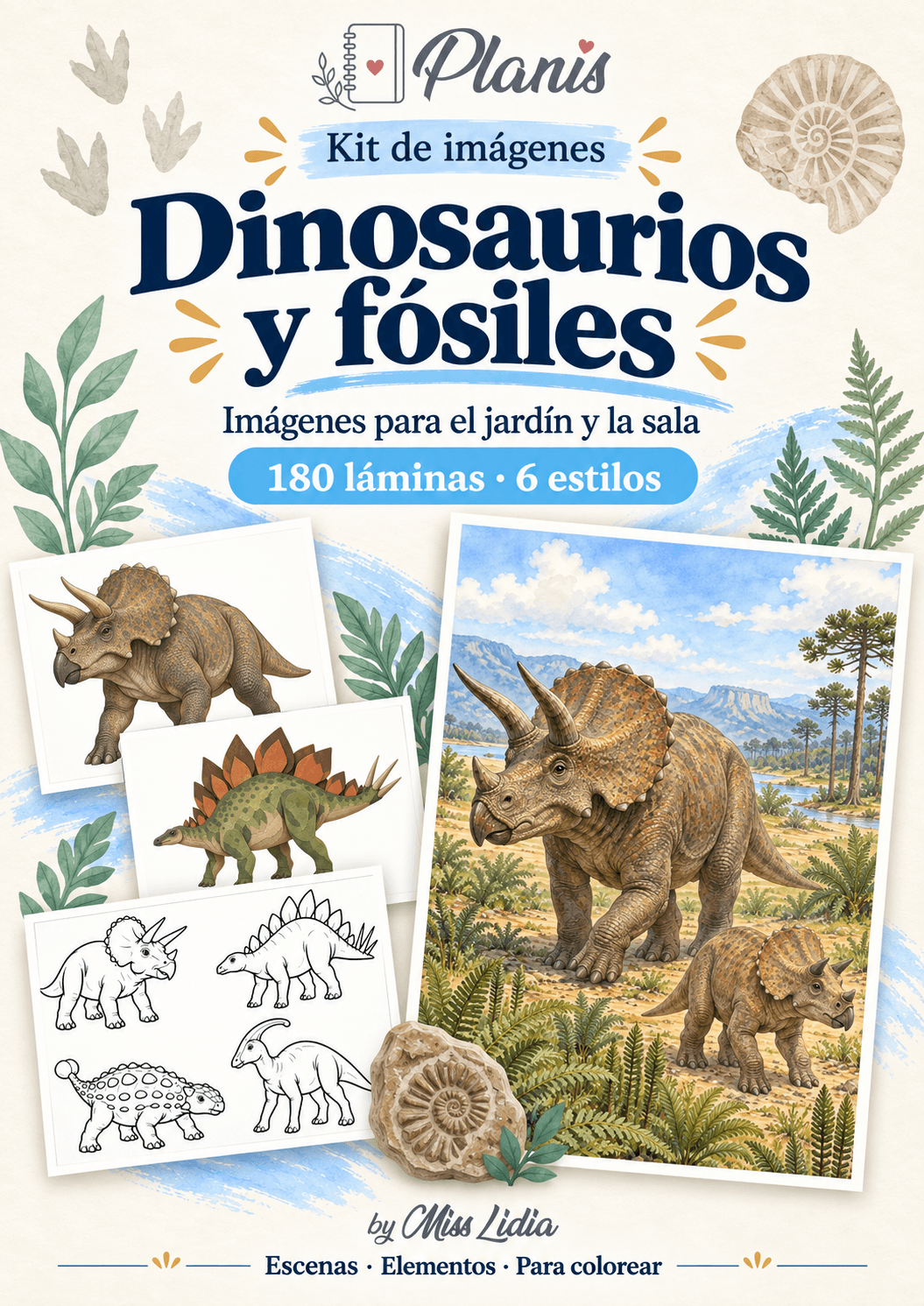 Portada del kit Dinosaurios y fósiles, con escenas y elementos de la colección.