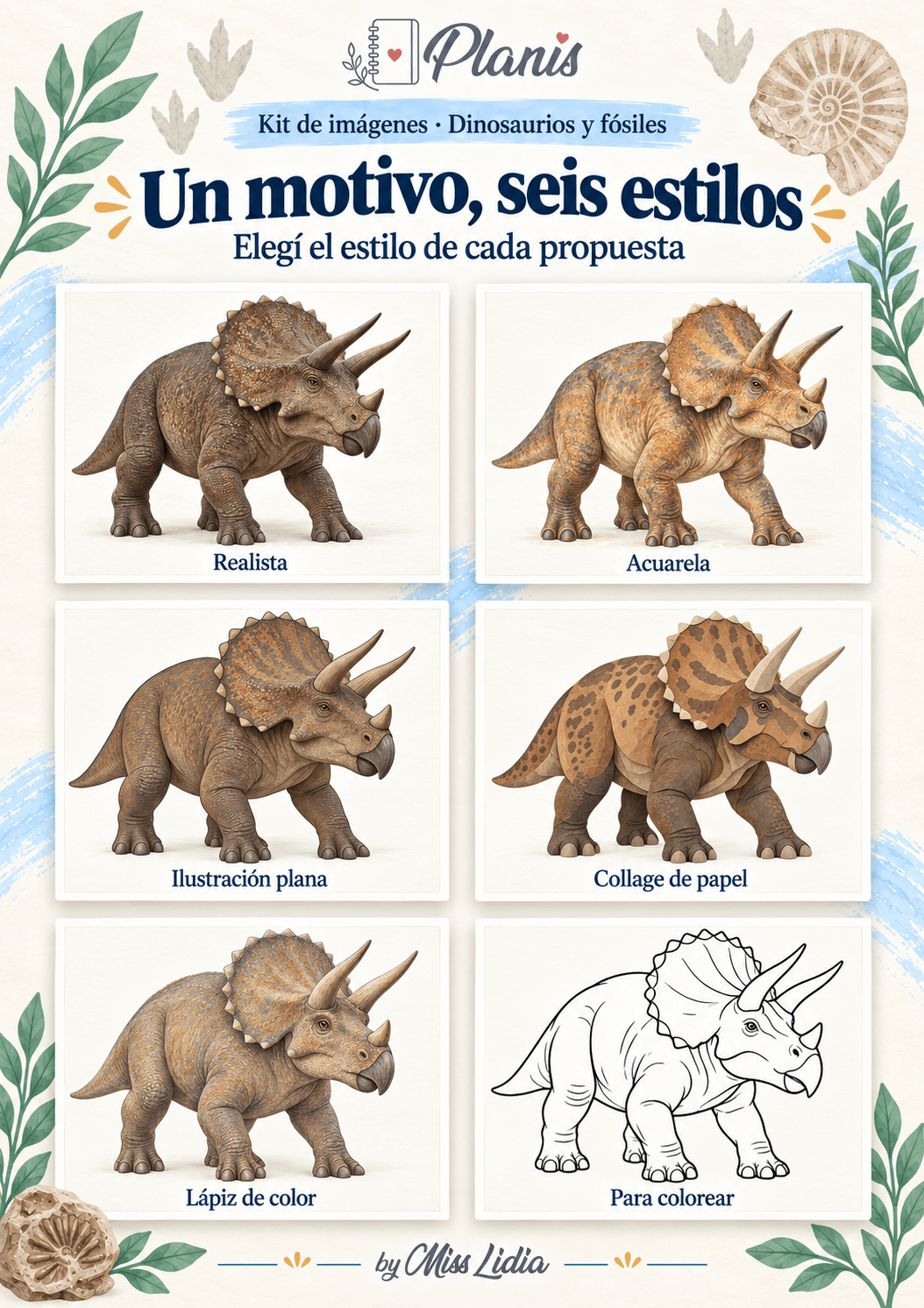 Un motivo, seis estilos: Dinosaurios y fósiles Un motivo, seis estilos del kit Dinosaurios y fósiles.