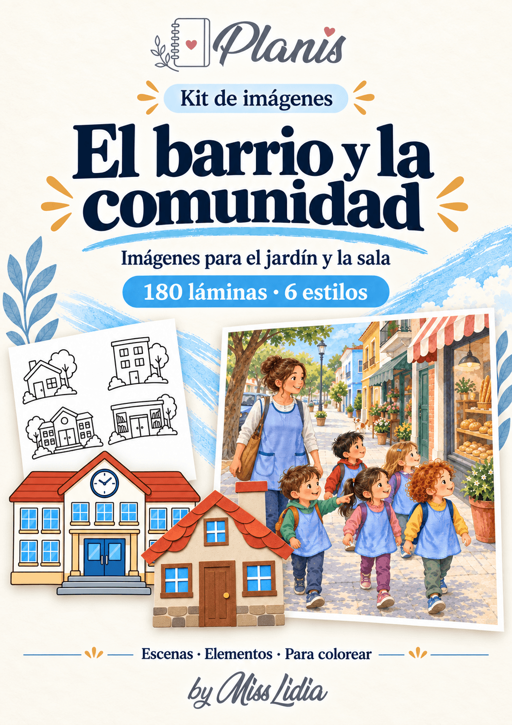 Portada del kit El barrio y la comunidad, con una selección de sus escenas y elementos.