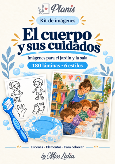 Portada del kit El cuerpo y sus cuidados, con una selección de sus escenas y elementos.