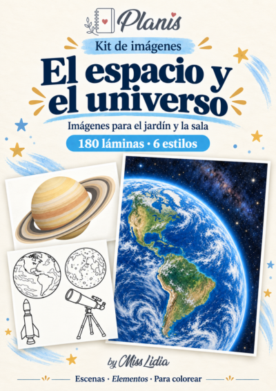Portada del kit El espacio y el universo, con escenas y elementos de la colección.