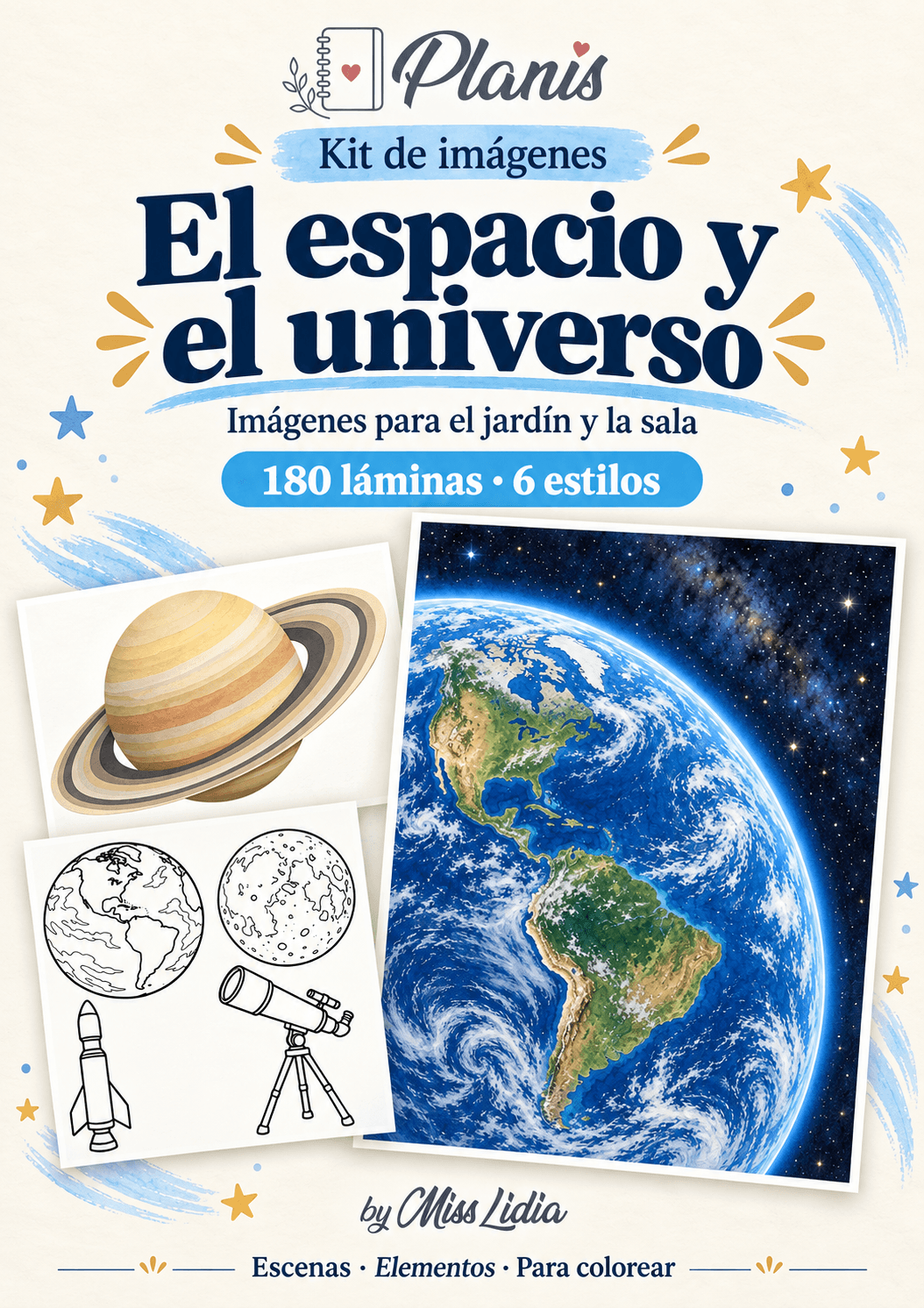 Portada del kit El espacio y el universo, con escenas y elementos de la colección.