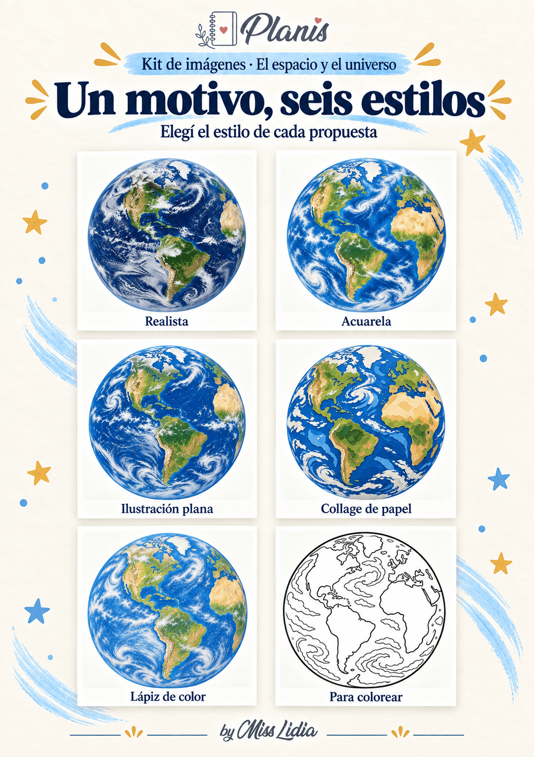 Un motivo, seis estilos: El espacio y el universo Un motivo, seis estilos del kit El espacio y el universo.