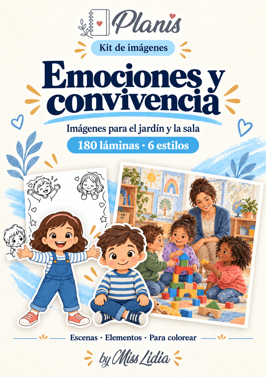 Portada del kit Emociones y convivencia, con una selección de sus escenas y elementos.