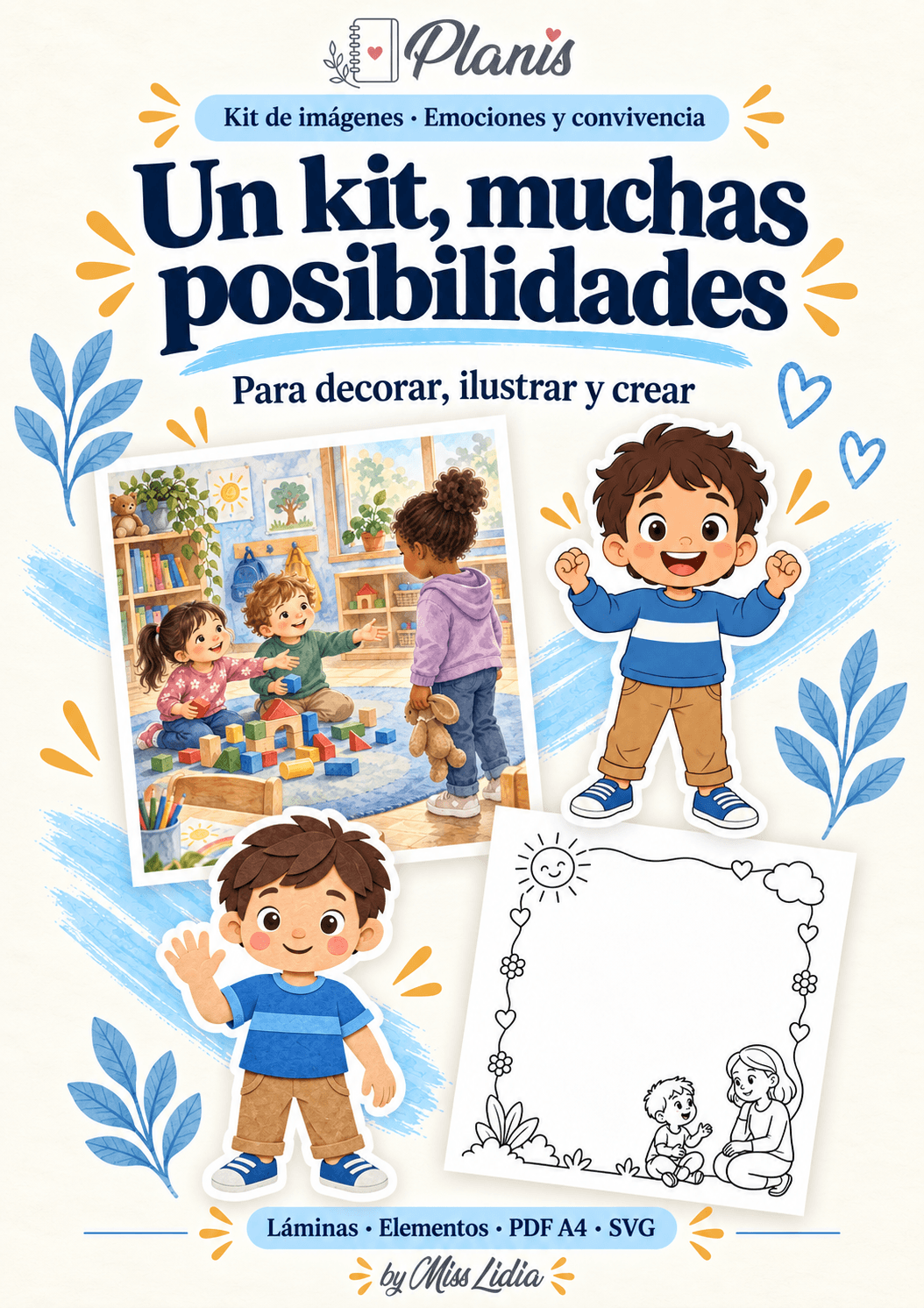 Un kit, muchas posibilidades: Emociones y convivencia Vista de los distintos recursos y formatos incluidos de Emociones y convivencia.