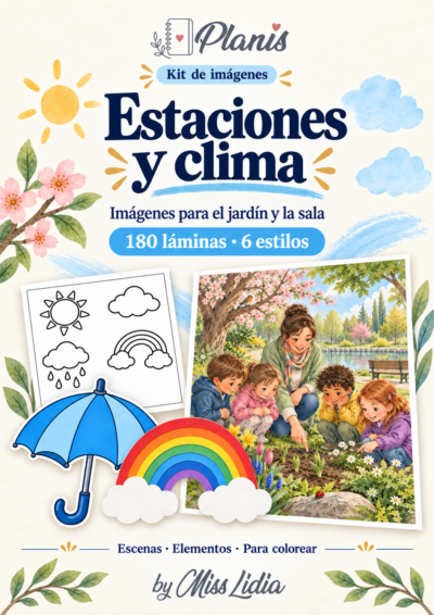 Portada del kit Estaciones y clima, con una selección de sus escenas y elementos.