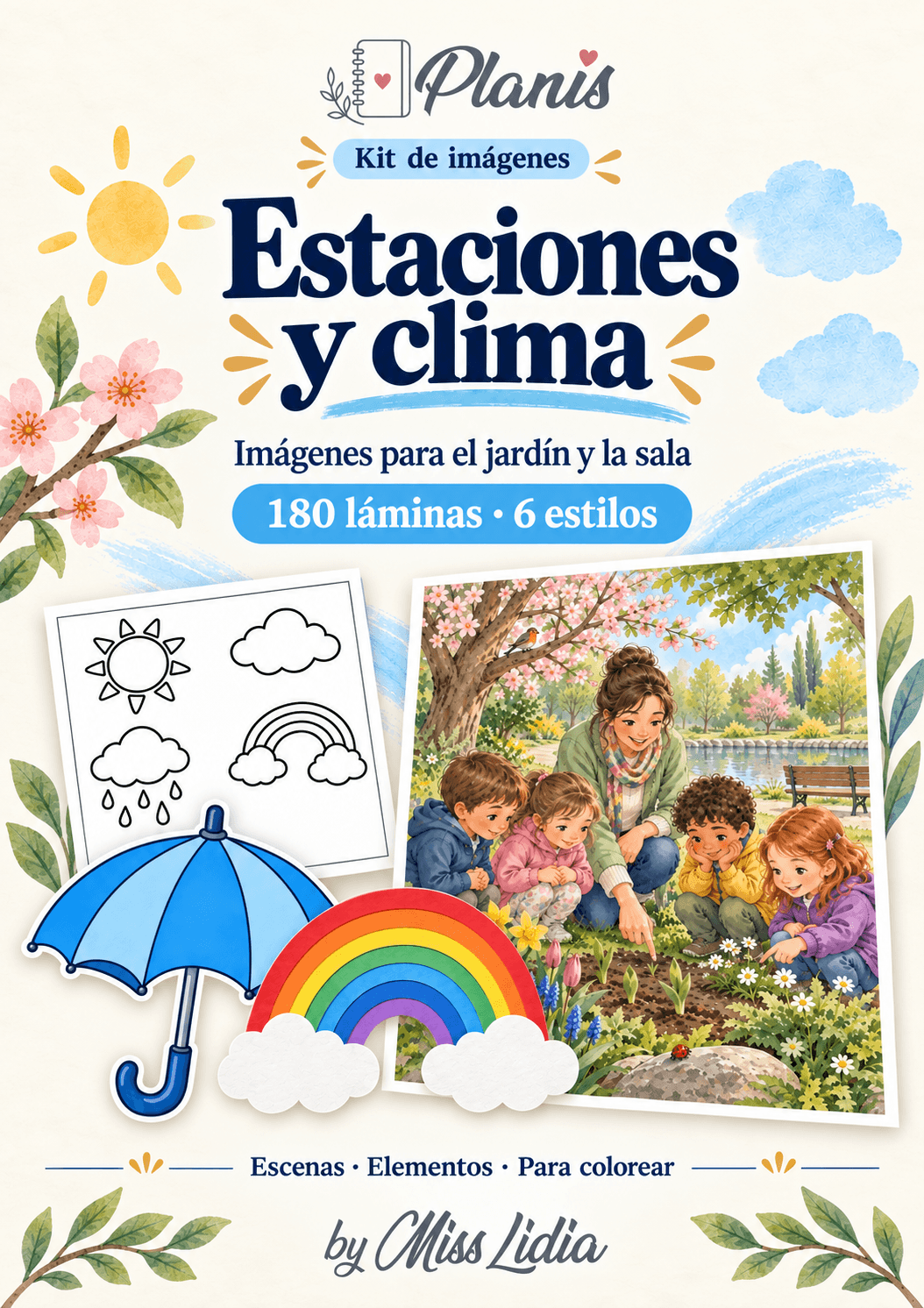 Portada del kit Estaciones y clima, con una selección de sus escenas y elementos.