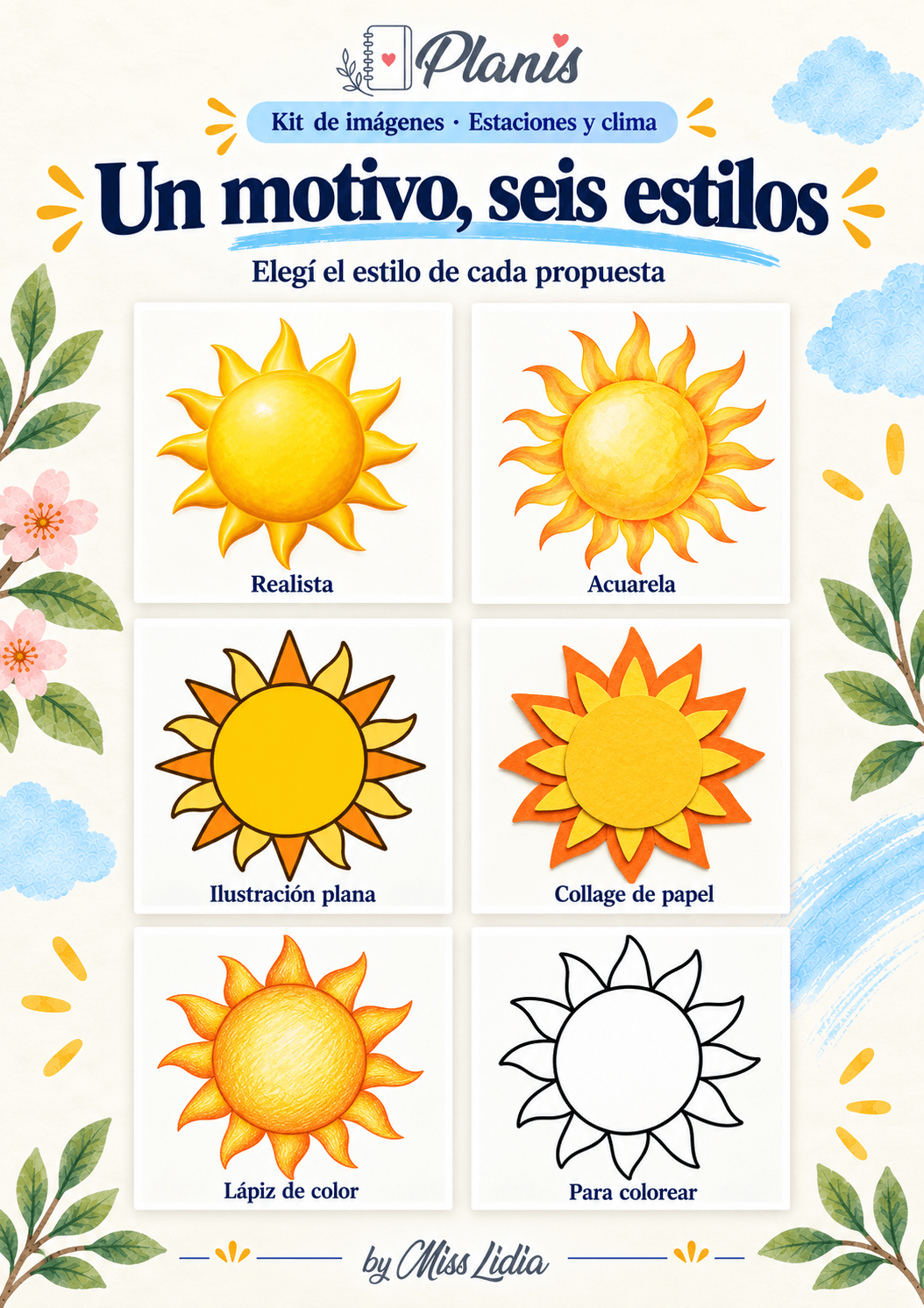 Un motivo, seis estilos: Estaciones y clima Comparación de un motivo en los seis estilos del kit de Estaciones y clima.