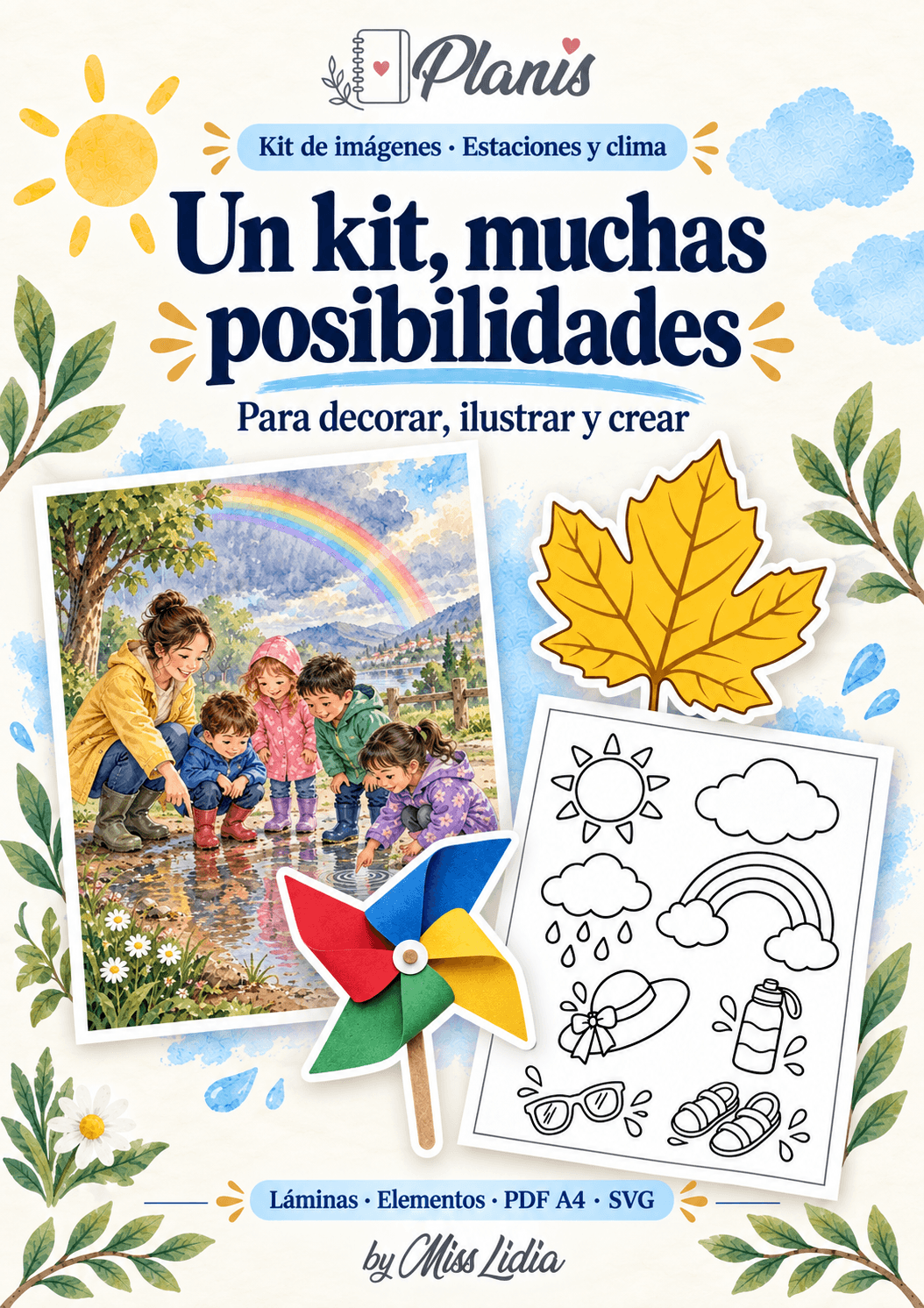 Un kit, muchas posibilidades: Estaciones y clima Vista de los distintos recursos y formatos incluidos de Estaciones y clima.