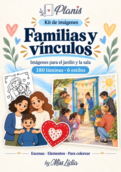 Portada del kit Familias y vínculos, con una selección de sus escenas y elementos.