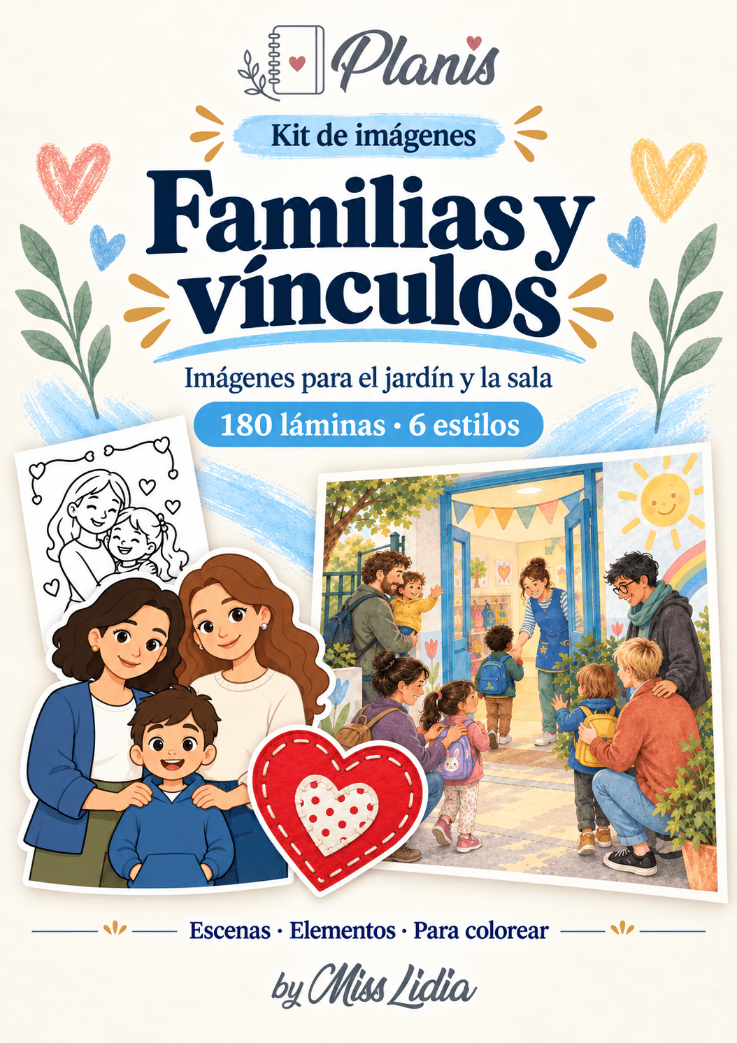 Portada del kit Familias y vínculos, con una selección de sus escenas y elementos.