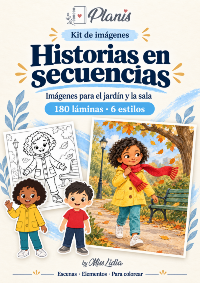 Portada del kit Historias en secuencias, con escenas y elementos de la colección.