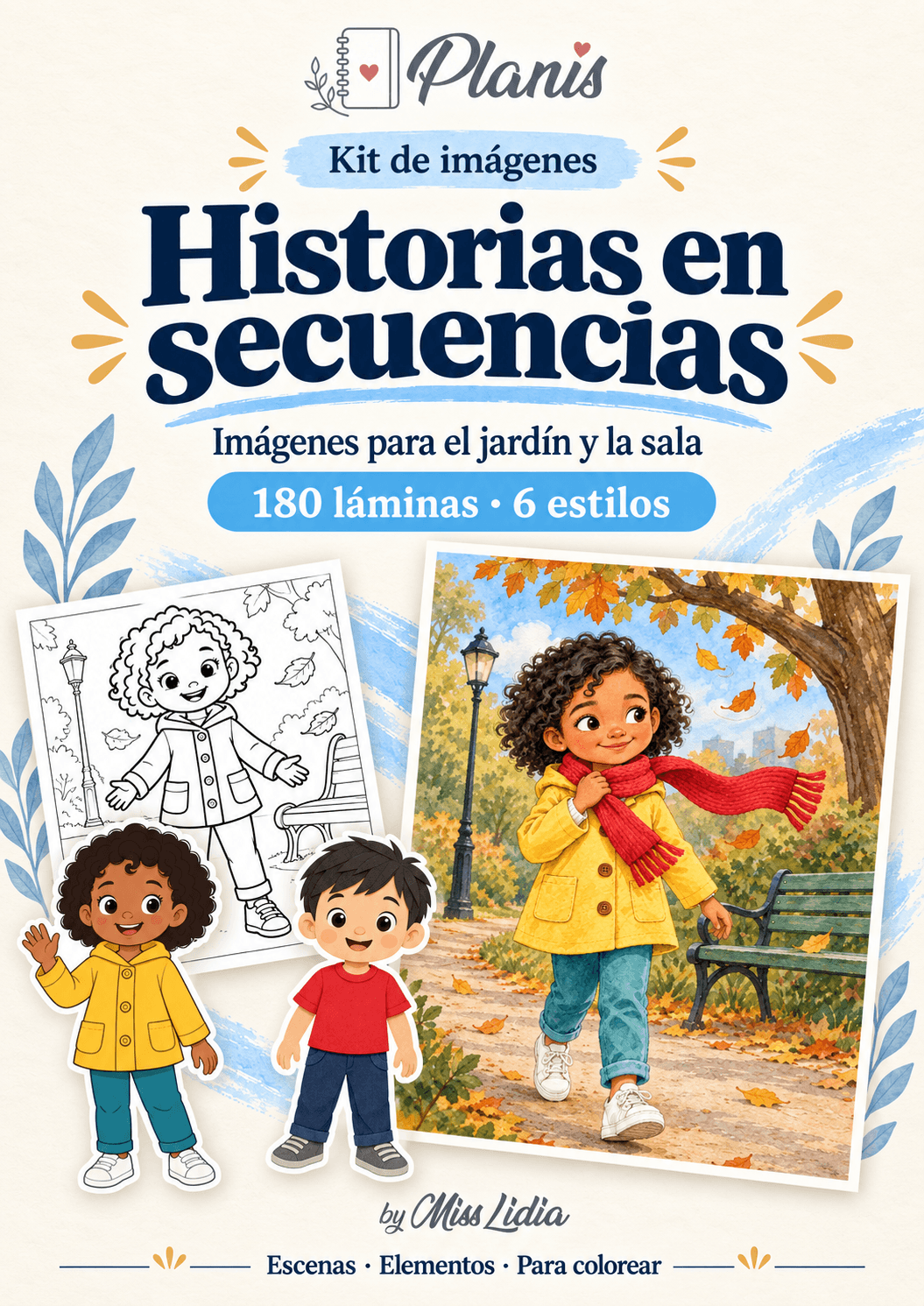 Portada del kit Historias en secuencias, con escenas y elementos de la colección.