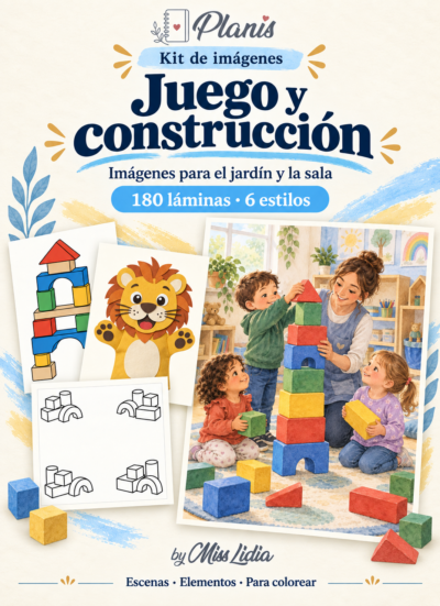 Portada del kit Juego y construcción, con una selección de sus escenas y elementos.
