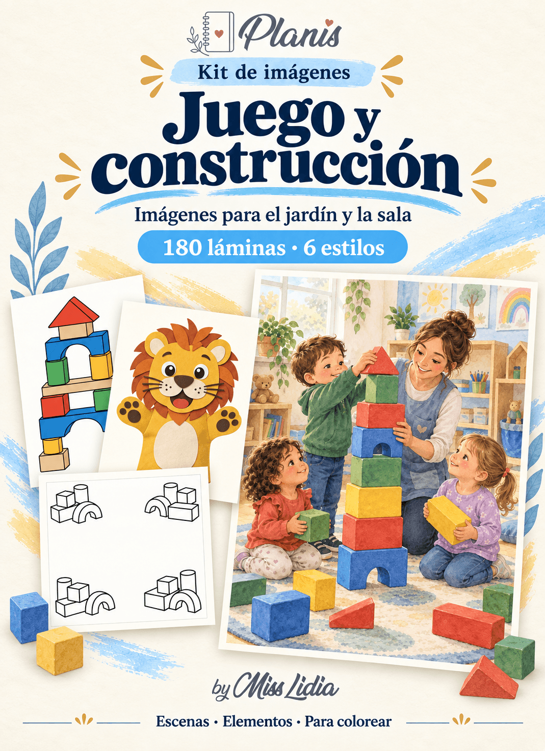 Portada del kit Juego y construcción, con una selección de sus escenas y elementos.