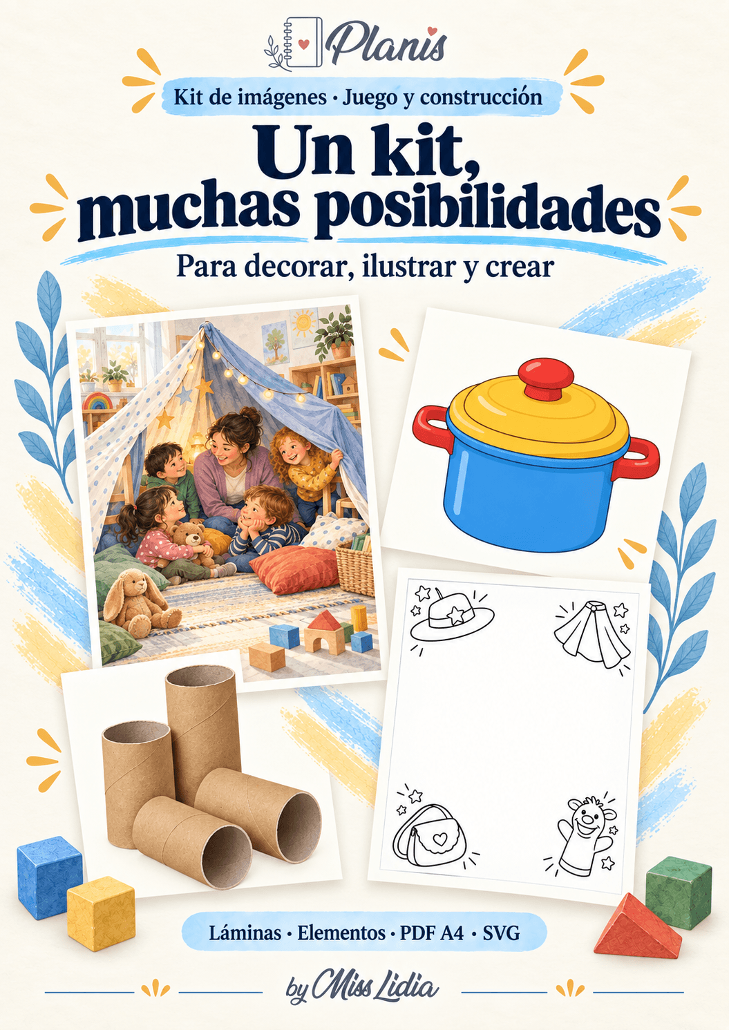 Un kit, muchas posibilidades: Juego y construcción Vista de los distintos recursos y formatos incluidos de Juego y construcción.