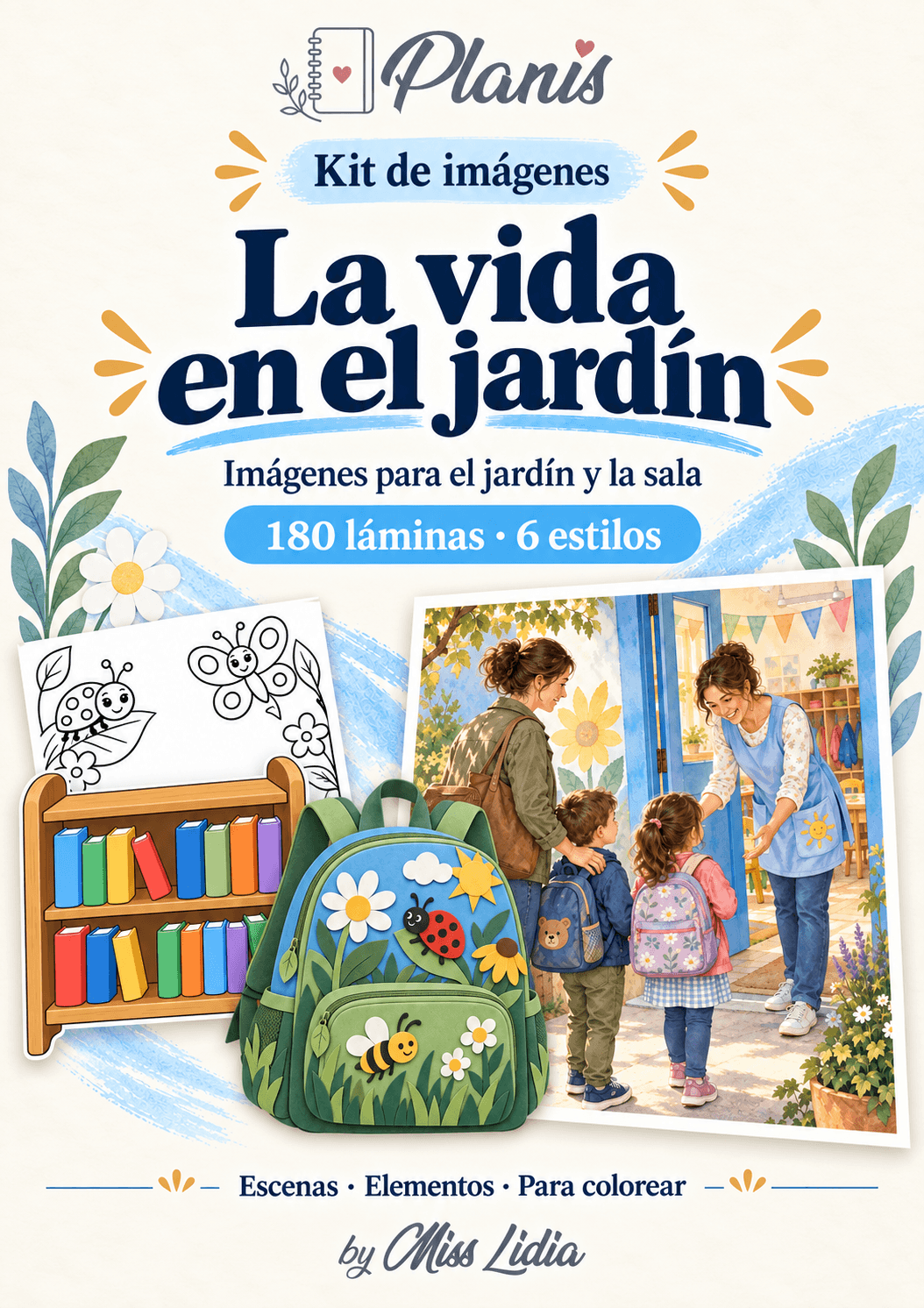 Portada del kit La vida en el jardín con una bienvenida, mochila y biblioteca de la sala.