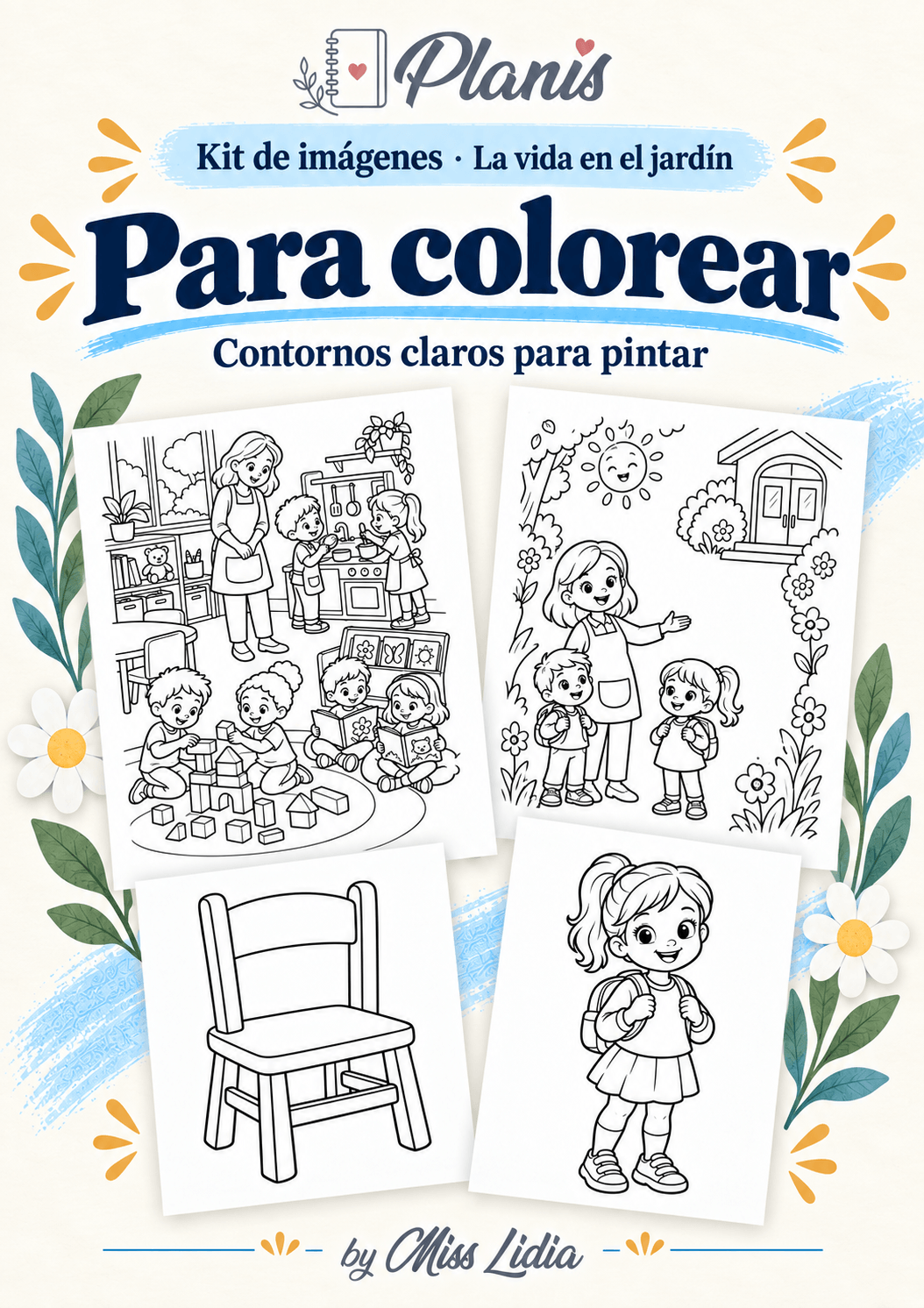 Para colorear: La vida en el jardín Escenas de juego, página para familias, silla y niña en dibujo de línea para colorear.
