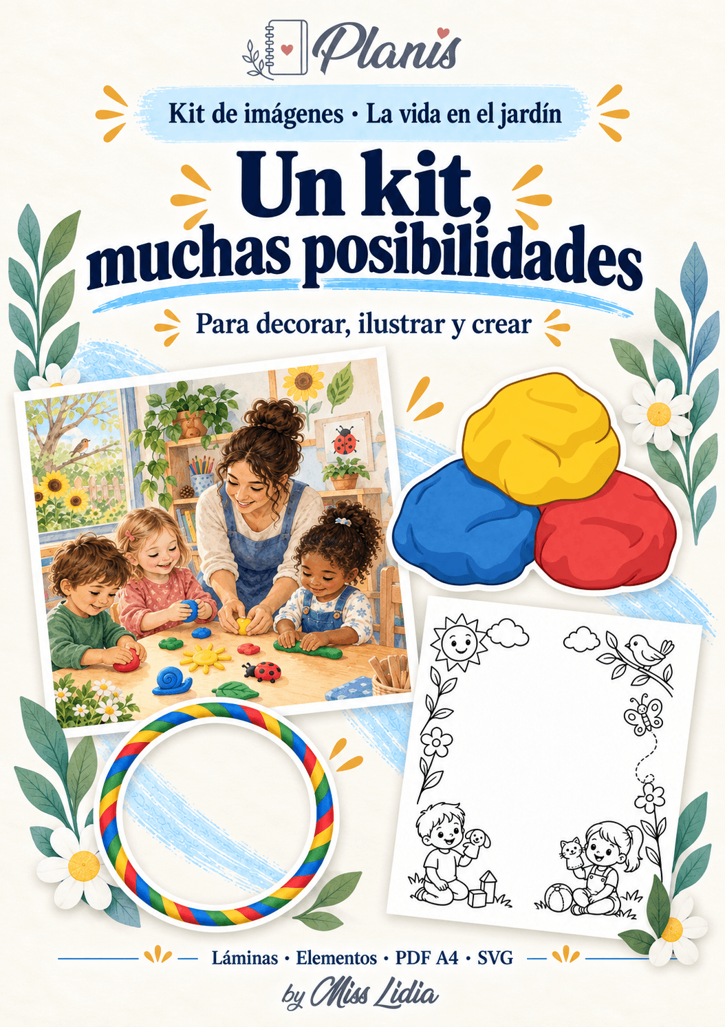 Un kit, muchas posibilidades: La vida en el jardín Escena de modelado, plastilina, aro y página para juegos del kit La vida en el jardín.